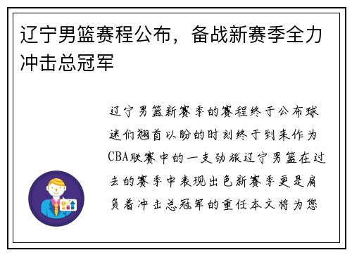 辽宁男篮赛程公布，备战新赛季全力冲击总冠军
