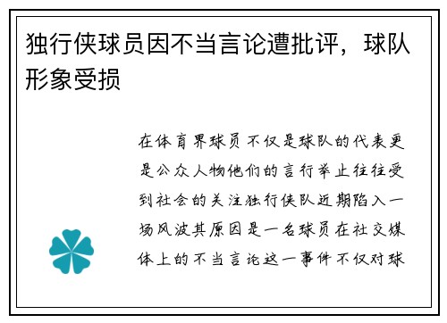 独行侠球员因不当言论遭批评，球队形象受损